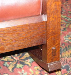 Detail of thru-tenon joinery at front leg and bevel at top of front seat rail.